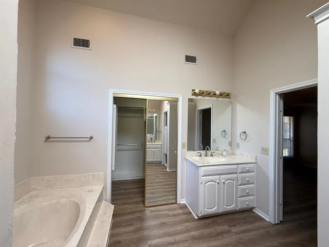 a bathroom with a sink a mirror and a bathtub