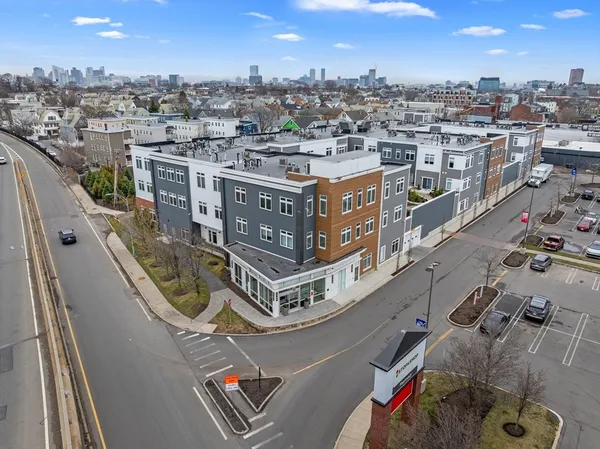 a city view with tall buildings