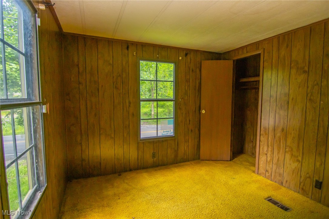 72720 Morgan Hill Road St. Clairsville, OH 43950 - Photo 17 of 21 Unfurnished bedroom featuring wood walls, carpet floors, and a closet