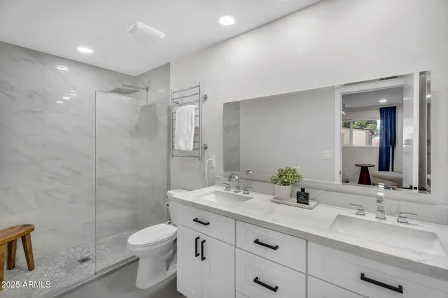a bathroom with a double vanity sink toilet and shower