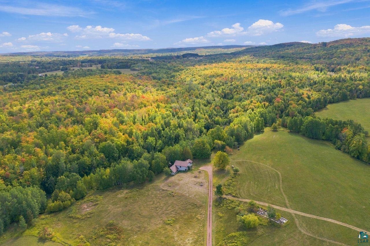 65889 Old County Road Marengo, WI 54855 - Photo 35 of 44 Expansive acreage with mixed woodlands and open fields, featuring a single-family residence and a dirt road entrance