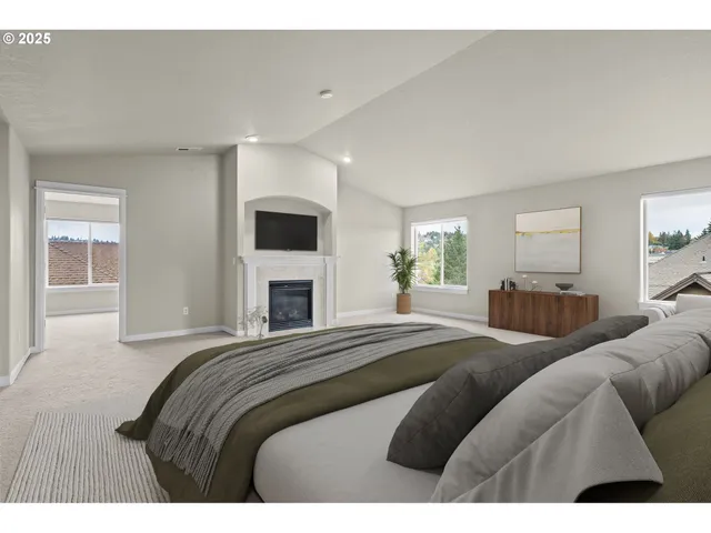 a bathroom with a sink double vanity granite tub shower and a mirror