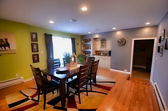a view of a dining room with furniture