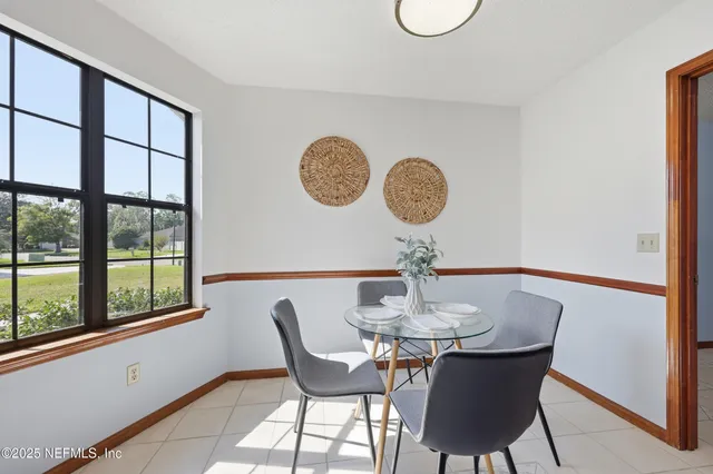 a view of a dining room with furniture and window