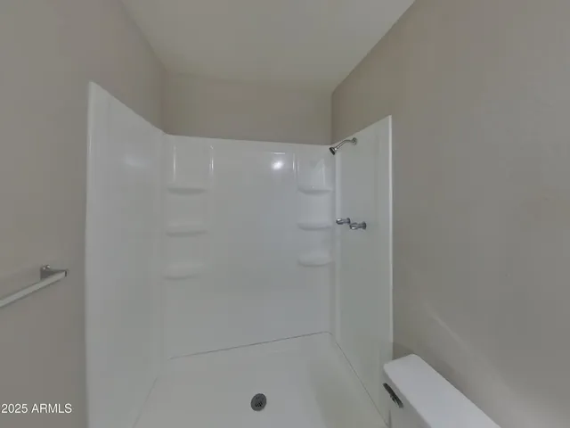 a bathroom with a shower and toilet
