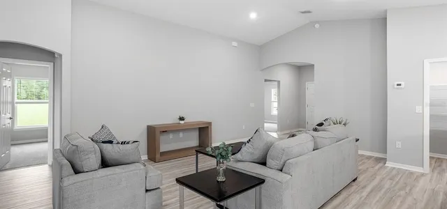 a living room with furniture and a potted plant