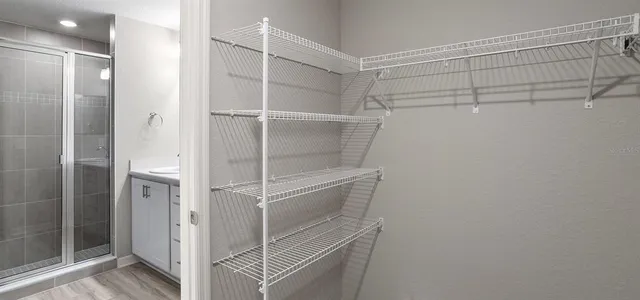 a bathroom with a shower and closet