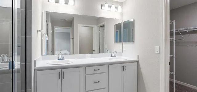 a bathroom with a sink double vanity and a mirror