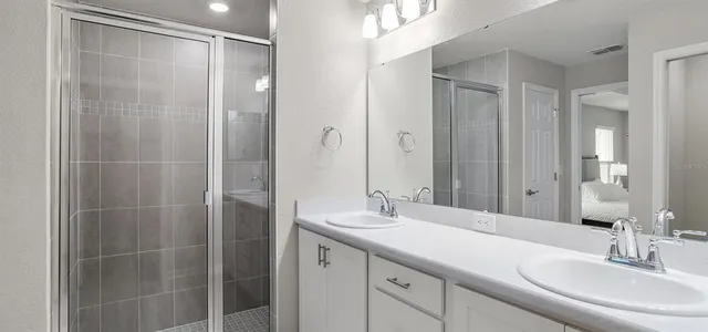 a bathroom with a shower sink vanity and mirror