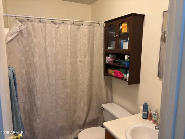 a bathroom with a toilet and a shower curtain