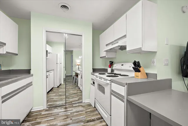 a kitchen with a stove and a refrigerator