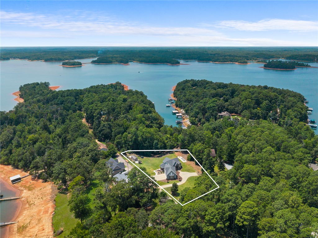 206 James Hare Road Anderson, SC 29626 - Photo 3 of 50 An aerial perspective reveals a private waterfront property nestled amidst lush woodland with direct lake access.
