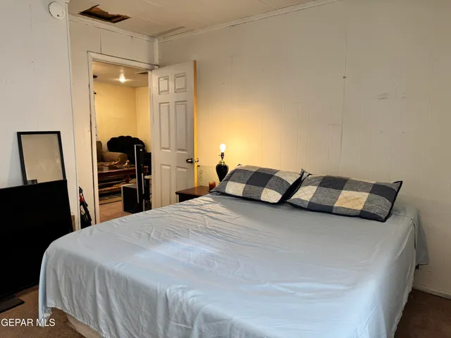 a bedroom with a bed and a closet