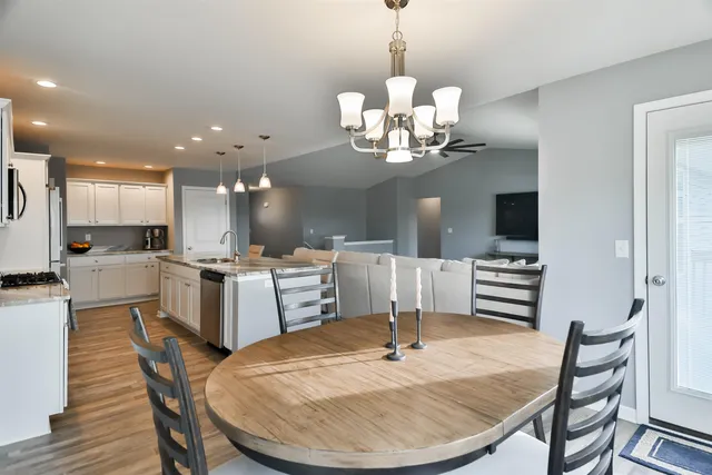 a view of a dining room with furniture