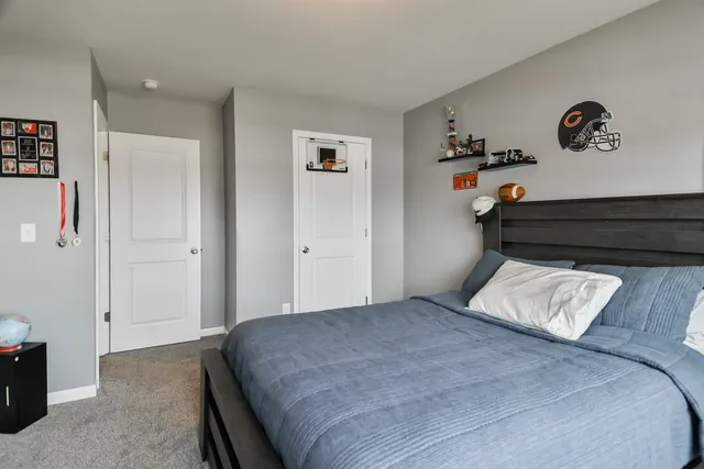 a bedroom with a bed and cabinets