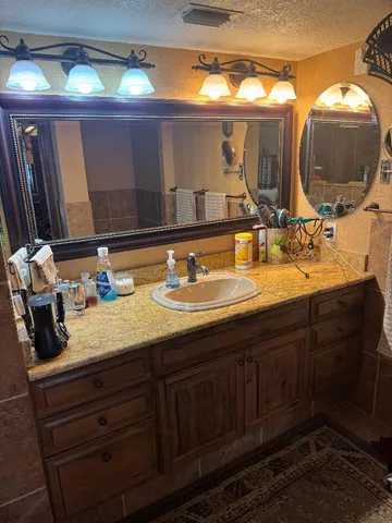 a bathroom with a sink mirror and shower