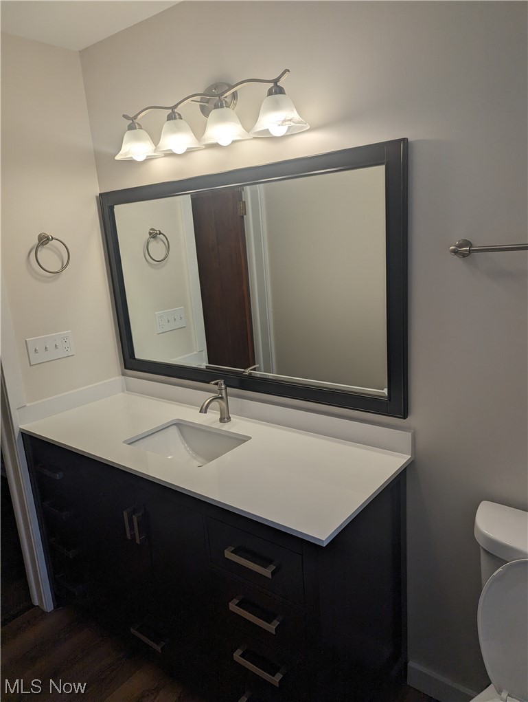 276 Paradise Road Painesville, OH 44077 - Photo 18 of 31 Bathroom featuring toilet, vanity with extensive cabinet space, and hardwood / wood-style flooring