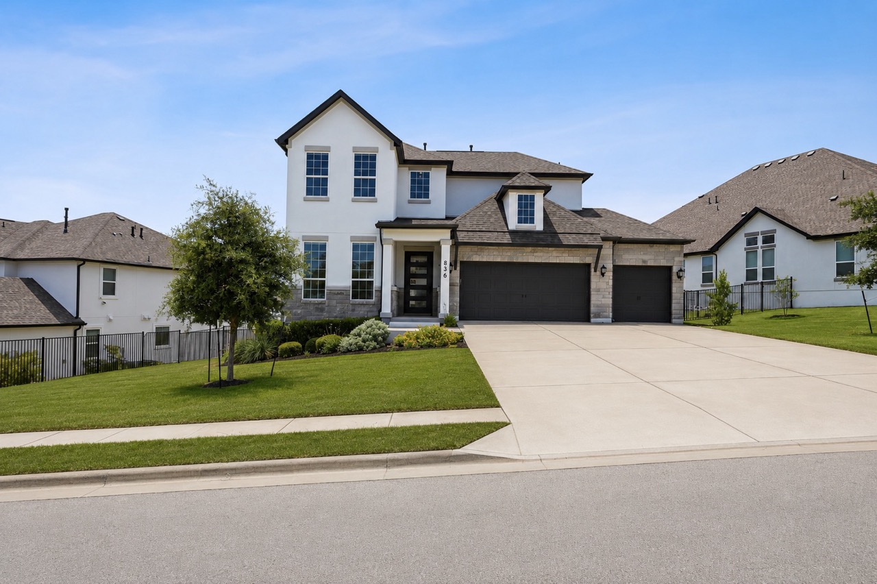 836 Villa Rialto View Leander, TX 78641 - Photo 1 of 33 A striking modern facade with clean lines and a neatly manicured lawn beckons entry.