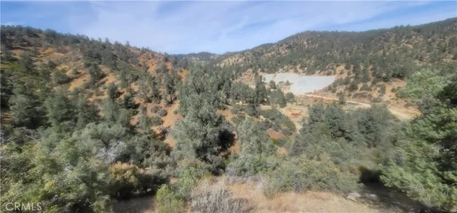 a view of a dry yard with mountains in the background