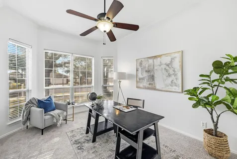 a living room with furniture a window and a potted plant
