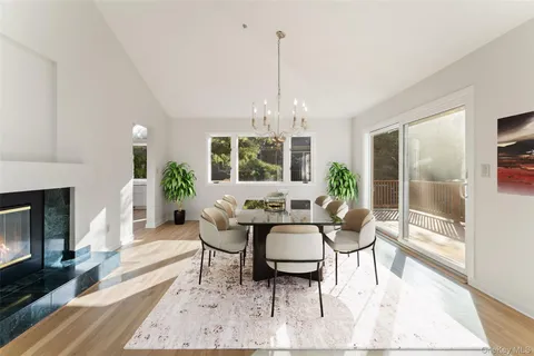 a dining room with furniture a fireplace and wooden floor