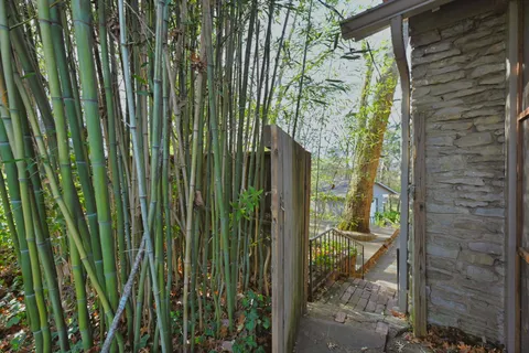 an empty room with wooden floor fireplace and windows