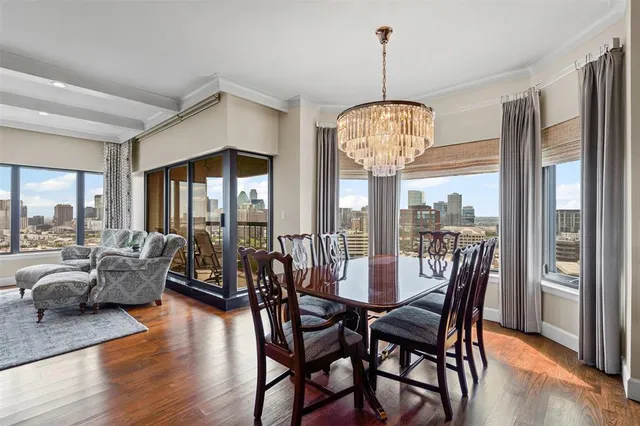 a view of a dining room with furniture window and wooden floor