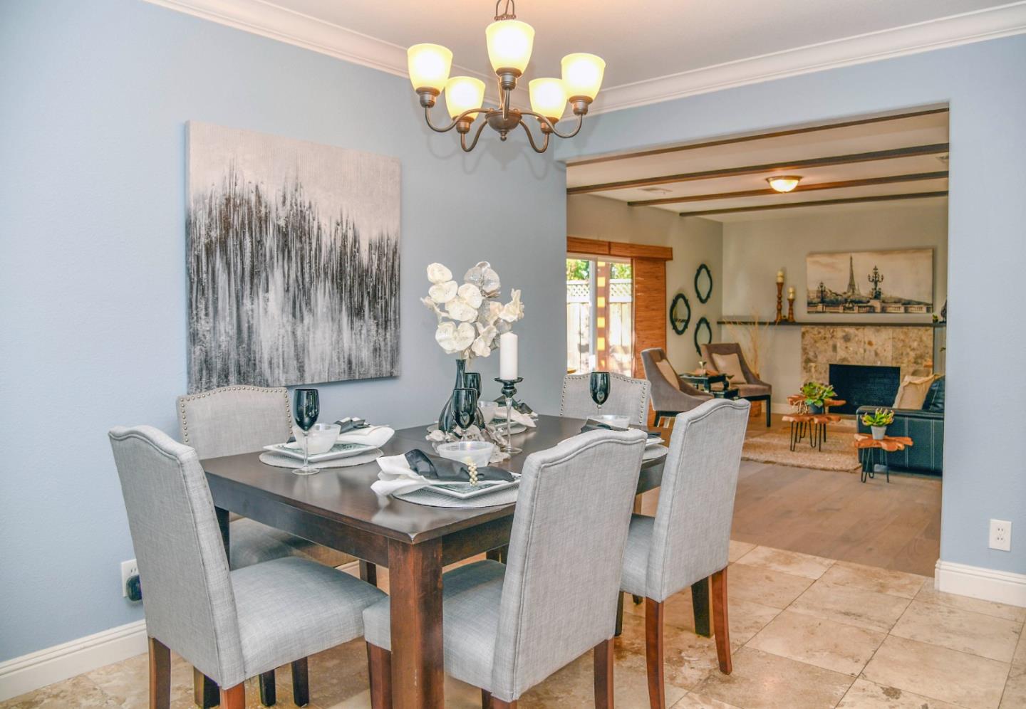3956 Vía Salice Campbell, CA 95008 - Photo 6 of 21 a view of a dining room with furniture a chandelier and wooden floor