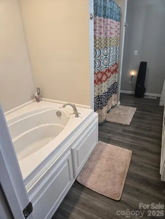 a bathroom with a bathtub and shower