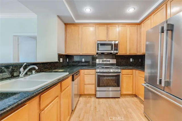 a kitchen with stainless steel appliances granite countertop a sink a stove a refrigerator cabinets and a counter top space