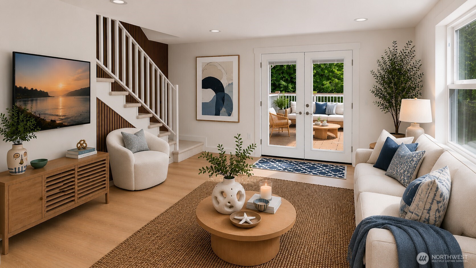 7605 Northeast Hidden Cove Road Bainbridge Island, WA 98110 - Photo 9 of 36 a living room with furniture and a potted plant