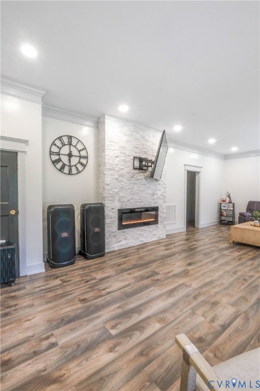 3331 South Constitution Route Dillwyn, VA 23936 - Photo 11 of 24 Living area with crown molding, a stone fireplace,
