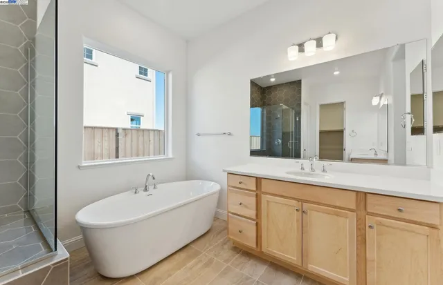 a bathroom with a double vanity sink a mirror and a bathtub