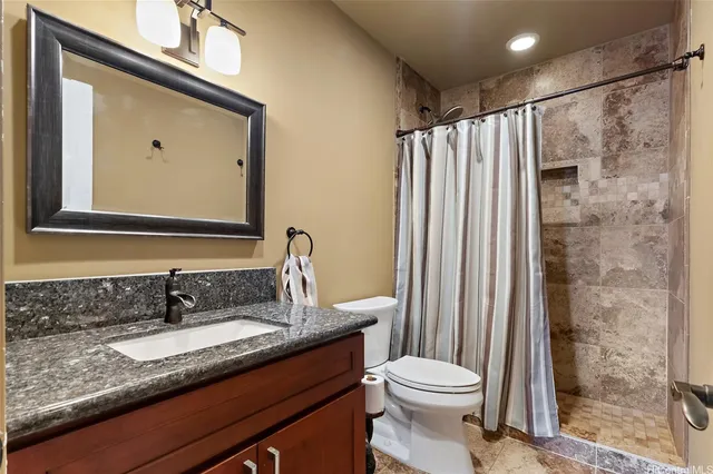 a bathroom with a granite countertop sink toilet and shower