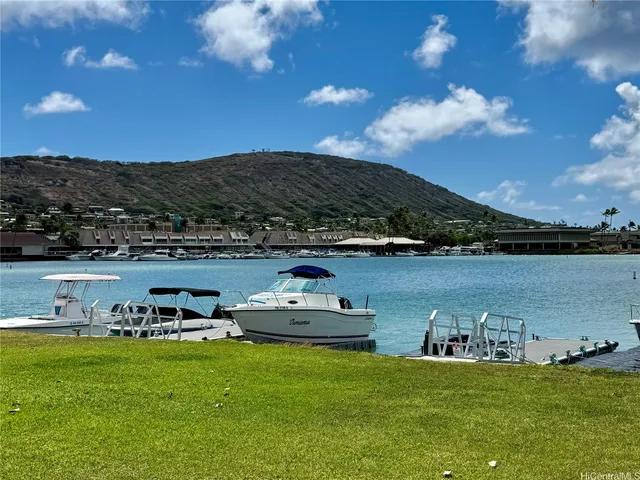a view of a lake with a mountain in the background