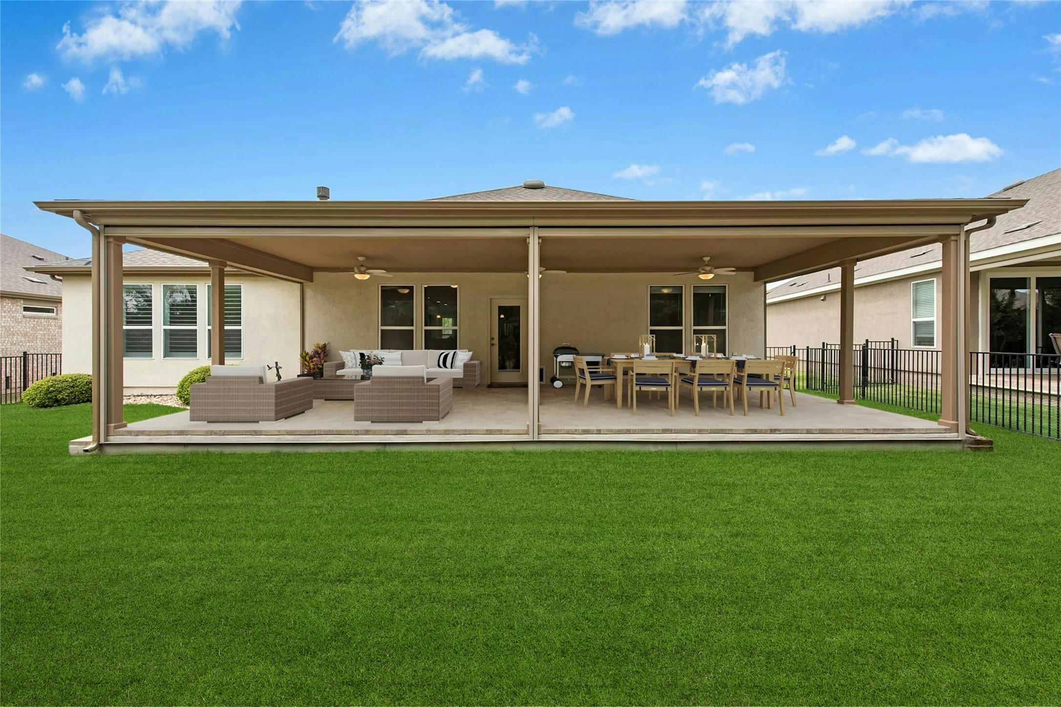 105 Marfa Cove Georgetown, TX 78633 - Photo 28 of 36 a view of a patio with table and chairs with plants and palm trees