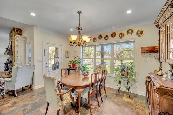 a view of a dining room with furniture window and outside view