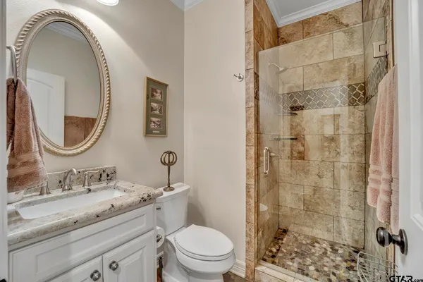 a bathroom with a granite countertop toilet a sink and a mirror