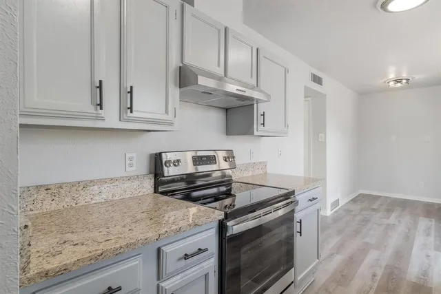 a kitchen with stainless steel appliances granite countertop a stove a sink and a white cabinets