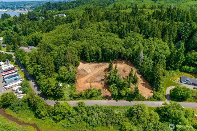 an aerial view of a house with a yard and lake view
