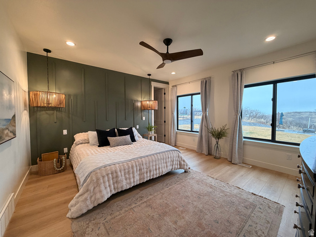 3626 Riverstone Road Mapleton, UT 84664 - Photo 16 of 58 Bedroom featuring light wood finished floors, ceiling fan, and recessed lighting