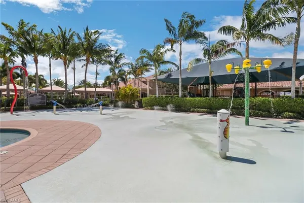 an outdoor space with seating