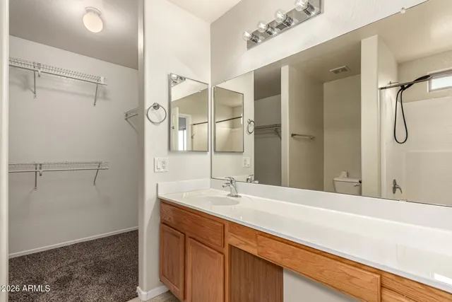 a bathroom with a shower sink and mirror