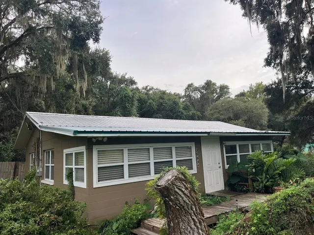 a view of a house with a yard plants and large tree