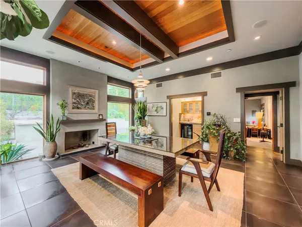 a living room with furniture a fireplace and a potted plant