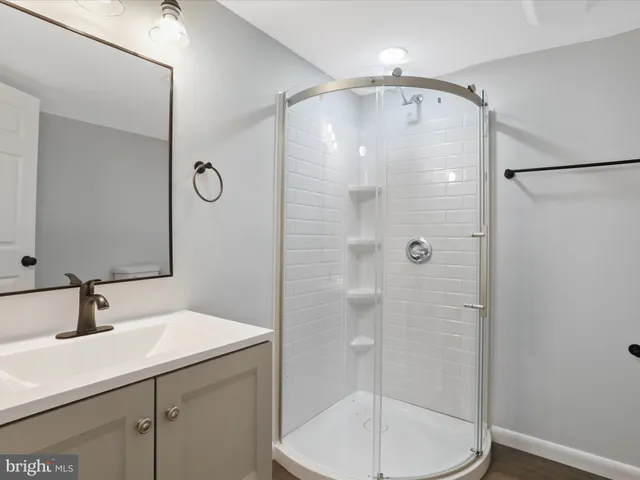 a bathroom with a shower sink vanity and mirror