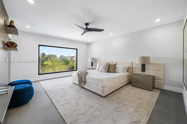 a spacious bedroom with a large bed and a large window