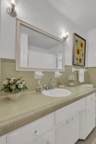 a bathroom with a sink and a mirror