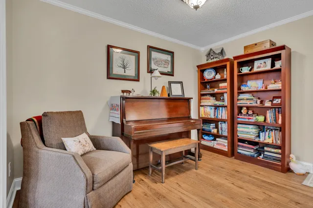 a living room with furniture and a book shelf