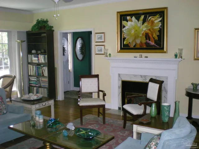 a living room with furniture a rug and a fireplace